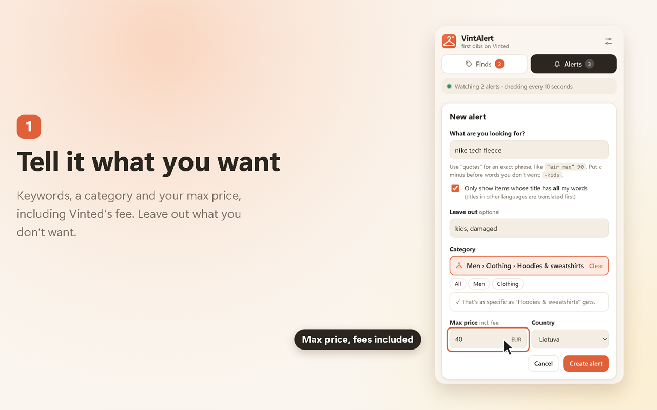 Making an alert with keywords, category and max price